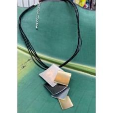 Four leather rope necklace with five metal assorted squares